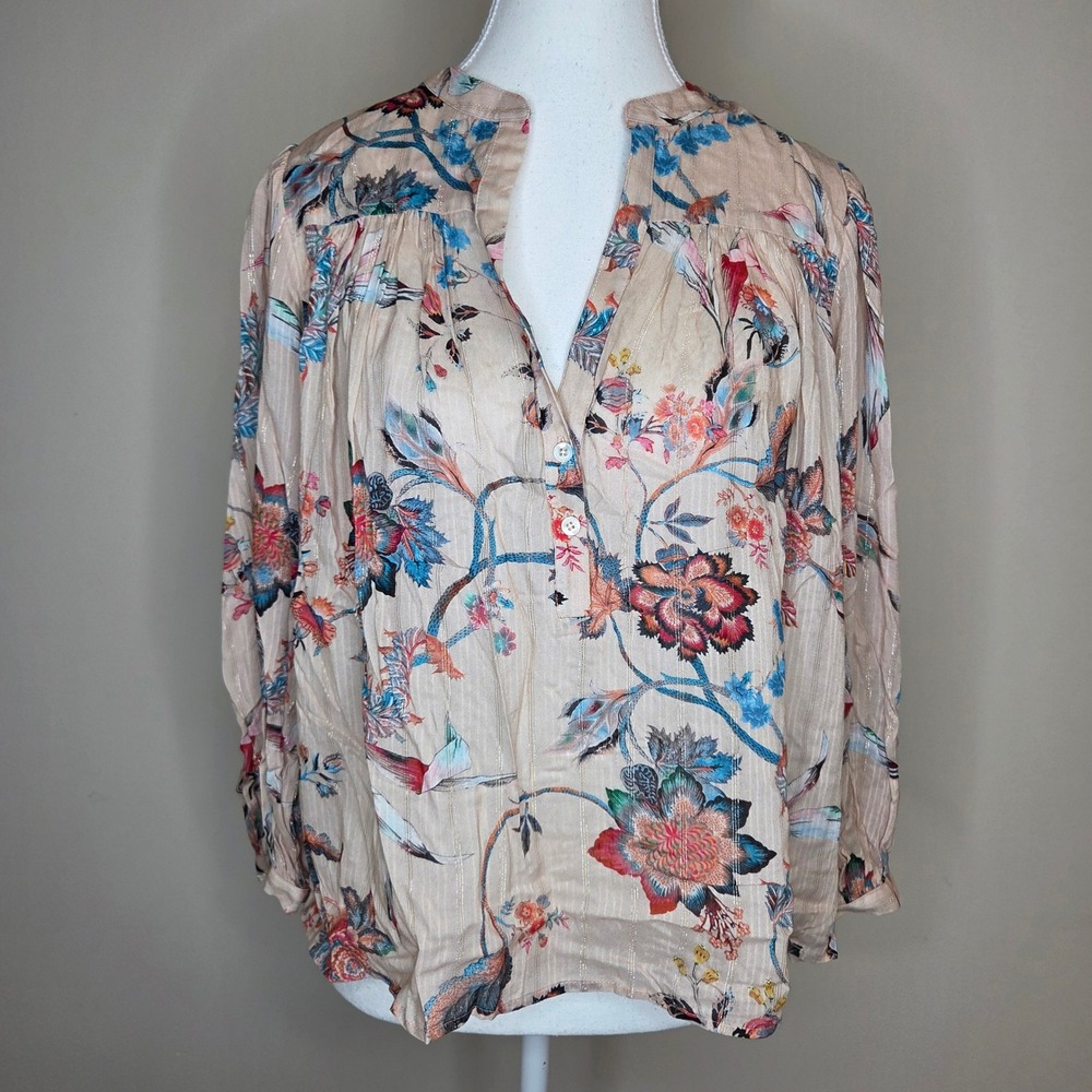 ICONS‎ Floral Metallic Blouse Beige XS Botanical Boho Womens Top Cottagecore